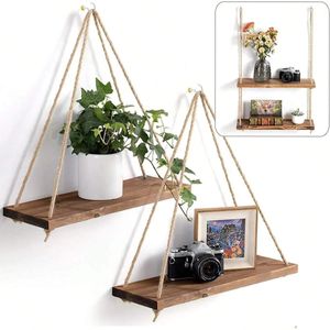 1PC Wooden Swing Hanging Hemp Rope Wall Shelve Mounted Floating Home Living Room Plant Flower Pot Tray Storage Garden Decoration 240418