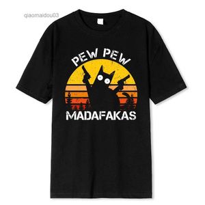 Męskie koszulki Pew Madafakas Cat z dwoma pistoletami drukujący mężczyźni T koszule Summer bawełniane koszulki oddychające luźne ubrania Hip Hop Street TEESL404