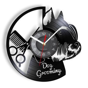 時計犬のグルーミングサロンビニールレコードウォールクロックホームアート装飾スコットランドテリア子犬犬クラフトウォールペットショップグルーマーギフト