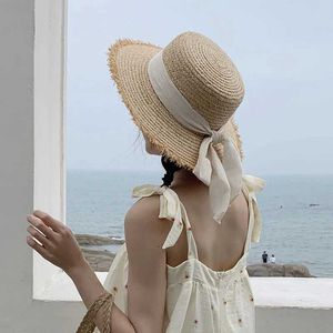 Breda brimhattar hink hattar 2019 sommarsol hatt båge 100% rafia hatt sol visir kvinnor sommaren panama str hat kvinnor strand hatt sommar uv blockering hatt j240425