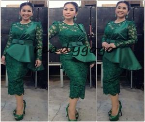 Dark Hunter Green Teal, Prom Party Cocktail Dresses With Long Sleeve 2018 Ankara Aso Ebi Nigeria Lace Stain Peplum Short Even8979390