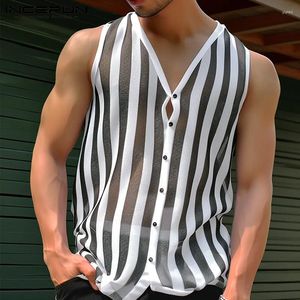 Herrtankstoppar män randiga mesh transparent sexig v nack ärmlös knapp sommarvästar streetwear 2024 modekläder incerun