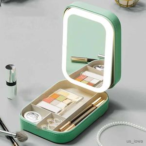 Speglar Makeup Storage Box med LED -ljus Makeup Mirror Portable Cosmetics Storage Organizer Cosmetics Mirrors 3 Justerbar ljusstyrka