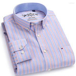 Herrklänningsskjortor långärmad kontrast Plaid/randig oxford-skjorta med vänster bröstficka manlig casual smal-fit knäppt ner