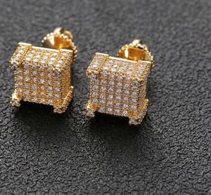 Hip Hop Earrings for Men Gold Silver Iced Out CZ Square Stud Earring With Screw Back Jewelry nice