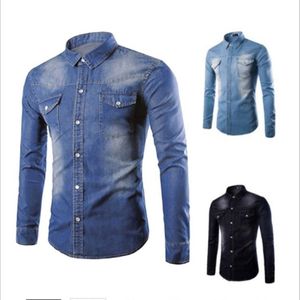 New Black Jeans Shirt Men Autumn Fashion Double Pocket Demin Shirt Casua Slim Fit Shirts Chemise Homme Marque2689