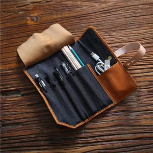 Manuell handgjorda herrläder Pen Bag Top Tool Kit Women's Cosmetic Storage Stationery