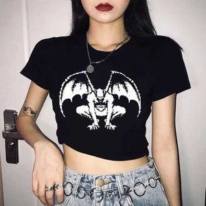 Herr t-shirts y2k escuro high strt demon impresso grfico chique manga curta mulher topo de colheita gtico harajuku rock camiseta kawaii alt e-girl croupas h240425