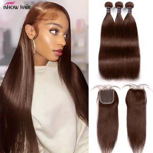 Closure Ishow 4# Colored Straight Bundles with Closure Brown Ombre Bundles with Closure Remy Human Hair Bundles with 4x4 Lace Closure