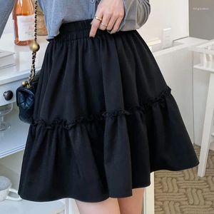 Skirts Summer Autumn And Winter Elastic High Waist Thin Wooden Ear Edge With A Solid Color Word Half Pleated Skirt Woman LOOSE