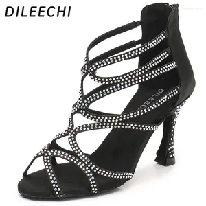 Dance Buty Dileechi Black Satin Rhinestones Latin Women Pasp Salsa Party Ballroom Dancing High Cuba Obcina 9 cm