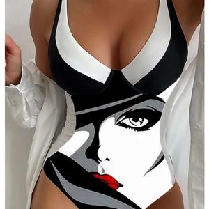 New Digital Printed Face Pattern Double Shoulder Bikini Jumpsuit