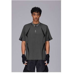 Rokawear American Trendy Brand delade olika material Mesh Panel andningsbara kortärmade t-shirt Löst funktionell stil topp för män