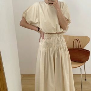 Vintage de verão de grandes dimensões 2 saias de duas peças conjuntos de mulheres roupas de manga de sopa de manga de sopro e cintura elástica Pleat Long Aline Skirt 240423