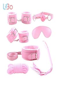 LI BO Collar Furry Fuzzy Bed Bondage Gear Restraint Set Kit Ball Gag Whip Sexy Sex Toy 7 PiecesSet Y181024059391535