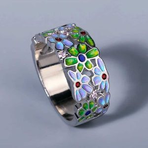 Band Rings 2020 New burnt blue paint cloisonne flower ring with zircon for women wedding party engagement jewelry gift H240425