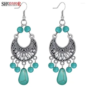 Orecchini a pennello Boho Vintage Turquoises for Women Accessori coreano Silver Gollo Curved Moon Big Long Earring Gioielli