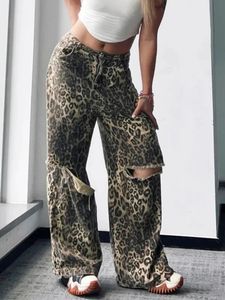Stampa leopardo di moda jeans larghi strappati per pantaloni da donna primavera estate di oversize streetwear denim dritto 240416