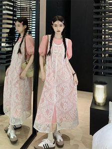 Work Dresses Sweet Pink Bubble Sleeve Shirt Long Dress With Hollow Outfit Cover Up Women Set Summer Korean Fashion Two Piece