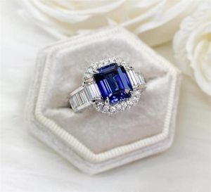 Lüks Takı Alyans 925 STERLING Gümüş Prenses Kes Mavi Safir CZ Diamond Moissanite Partisi Kadın Nişan Gelin RI7824323