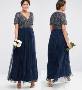 2018 Sequins Plus Size Formal Prom Dresses V Neck Short Sleeve Ankle Length Evening Gowns Dark Navy Party Dress7824293