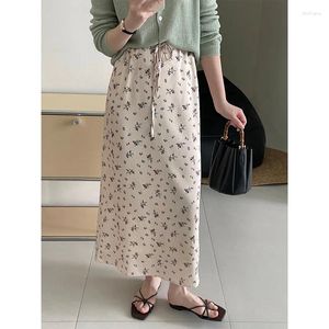 Röcke Summer Draw String Taille Blumenrock Frauen High Pea-up Korean Chiffon A-Line Midi