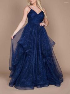 Party Dresses Navy Blue Evening Black Sparkly Spaghetti Strap V Neck Ruffles Tulle Women Formella promklänningar Long