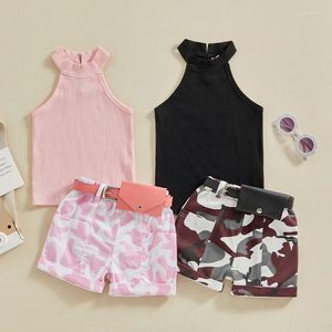 Roupas conjuntos de moda infantil infantil garotas roupas com nervuras com nervuras sólidas com tanques de mangas de mangas com tampas de camuflagem com bolsa de cinto 3pcs roupas