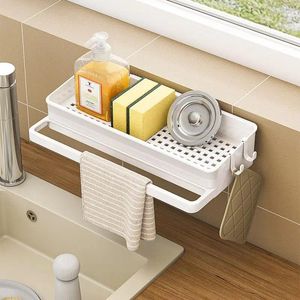 Kitchen Storage Plastic Wall Mounted Sponge Holder With Dish Towel Rack And Drain Board Shelf Bathroom Sink Organizer