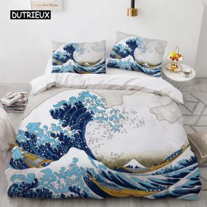 Sets Wellen Bettbedeckungsabdeckung Hokusai Muster Japanische Ukiyoe Quilt Cover Oriental Sketch Style Ocean Queen Twin Polyester Bettwäsche Set