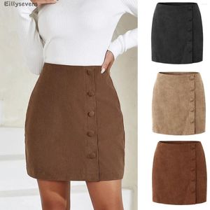 Röcke Frauen hipbezuge Rock Cord Cordory Feste Farbknöpfe Schnalle sexy Kleid hohe Taille Schlanker Geschäft Casual Vestidos