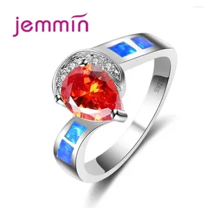 Cluster Rings High Quality 925 Sterling Silver Jewelry Orange Water Drop Pattern Stylish Blue Fire Opal Ring Trendy For Women Girls