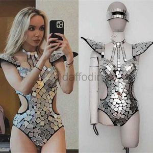 Stage Wear Mirror Bodysuit Women Dance Costume Gold Silver Sequins Fly Shoulder Hollow Out Rave Outfit Stage Performance Clothes Gogo Show d240425
