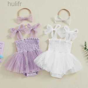 Rompers Newborn Baby Girl Sleeveless Romper Summer Clothes with Headband Tulle Tutu Dress Infant Boho Outfits d240425