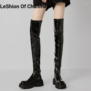 Buty Leshion of Chanmeb Women orygine skórzany blok pięta zamek błyskawiczny nad-kolan goth faux zamszowy platforma lady buty