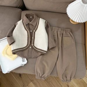 Clothing Sets Children Kids Set 2024 Spring Autumn Korean Style Casual Knitted Cardigan Vest And Shirt Fashion Pants Three Piece