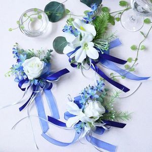 Dekoratif çiçekler sae Avrupa tarzı yaka gül damat boutoniere mavi yapay korsage çiçek
