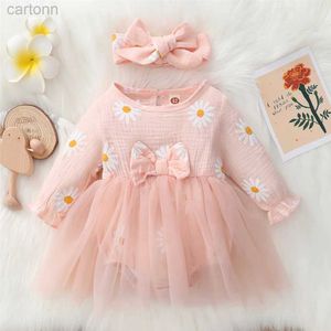 Girl's Dresses Newborn Baby Girls Cute Daisy Floral Long Sleeves Tulle Patchwork Bodysuit Holiday Party Pink Princess Dress d240425