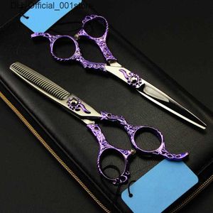 Tesoura de cabelo tesoura de cabelo Profissional personalizado Japão 440c Violet retro de 6 polegadas Corte de barbeiro Rainnamento de salão de salão Herdressing Q240425