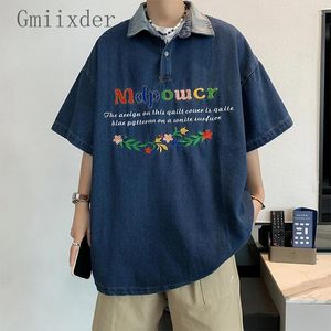Erkekler Tişörtleri Yıkanmış Denim Kısa Kollu Gömlek Yaz Gevşek Amerikan İşlemeli Moda T-Shirt Yakışıklı Modaya Modaya Üç Çeyrek Koltuk