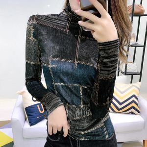 Camiseta 2023 Primavera Autumn Highneck Longsleeved Velvet Bottoming Shirtwear Streetwear A gola alta da gola alta Tshirts fêmeas Bodycon Ladies Tops