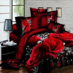 Kudde 4 st 3D Big Red Rose Floral Bedding Set Wedding Däcke Cover Sheet Pillow Cases Bed Set Dropshipping