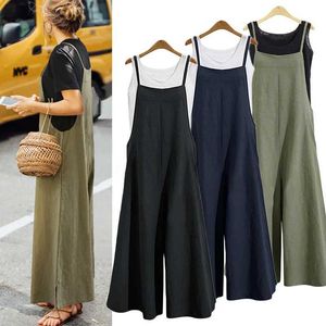 Women's Jumpsuits Rompers Womens shoulder strap jumpsuit summer solid color wide leg pants Dungar bib cover casual loose cotton linen jumpsuit 5XL Y240425