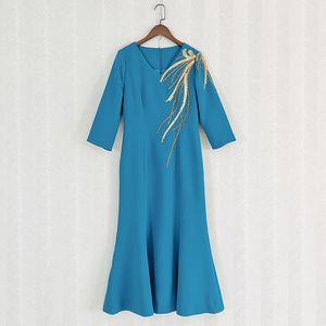 416 XL 2024 Milan Runway Dress Spring Summer 3/4 Sleeve Blue paljetter Womens Dress Fashion High Quality YY