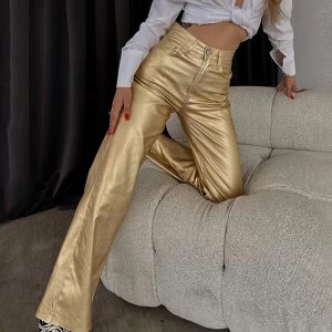 Capris Metallic Color Women Pants Straight Zipper Fly High Waist Parers 2023 Fall Winter High Street Elegante Office Outfit Outfit