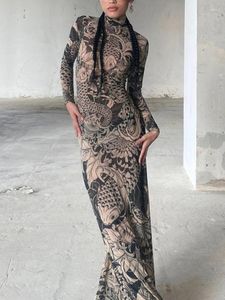 カジュアルドレスYuzhexiファッショントロピカルプリントメッシュマキシドレス女性の視点高ネックスリムフィット長スリーブコーヒーローブ