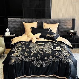 Set di biancheria da letto Fiori di farfalla ricamo nero set di lusso set 1000tc di cotone egiziano piumino foglio di letti o federe aderenti