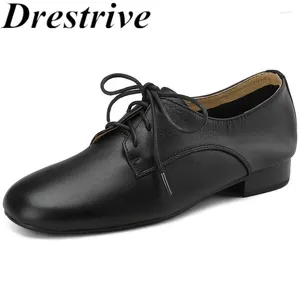 Casual Shoes Drestrive 2024 Classic Women's Pumps Lace Up Cow Leather Thick Heel Loafers Round Toe Beige Daily High Quality Sale