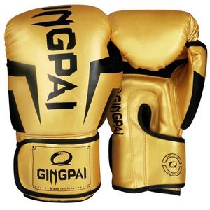 Ausrüstung 6 8 10 12 Unzen Gingpai Boxhandschuhe Pu Kick Boxing Sanda Beach Bag Training Herren und Frauenpistolen Muay Thai de Luva Handschuhe schwarz 240424