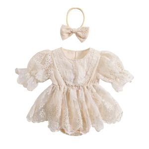 Endelar Pudcoco Infant Baby Girls spetsar Romper Dress Set Summer Floral Brodery Kort ärm Jumpsuits och Elastic pannband